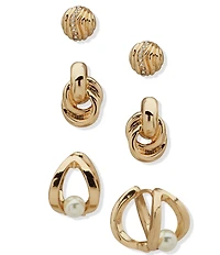 Anne Klein Pearl Fluted Dome Texture Trio Earring Set