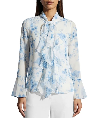 Anne Klein Petite Long Sleeve Blouse With Ruffle Tie At Neck