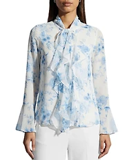 Anne Klein Petite Long Sleeve Blouse With Ruffle Tie At Neck