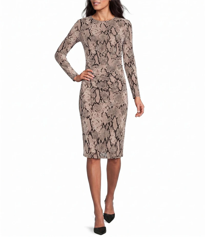 Anne Klein Petite Long Sleeve Snake Print Knee Length Mesh Dress