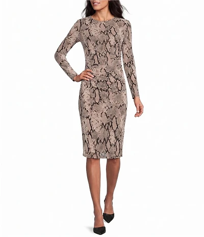 Anne Klein Petite Long Sleeve Snake Print Knee Length Mesh Dress