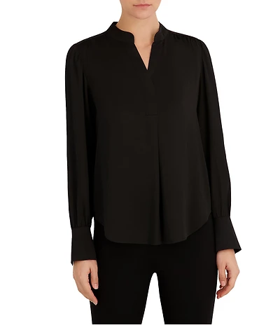 Anne Klein Petite Long Sleeve V Neck Pleated Blouse