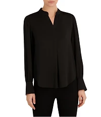 Anne Klein Petite Long Sleeve V Neck Pleated Blouse