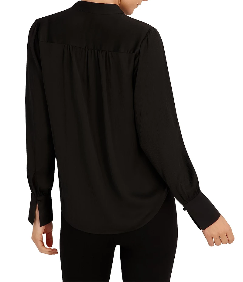 Anne Klein Petite Long Sleeve V Neck Pleated Blouse