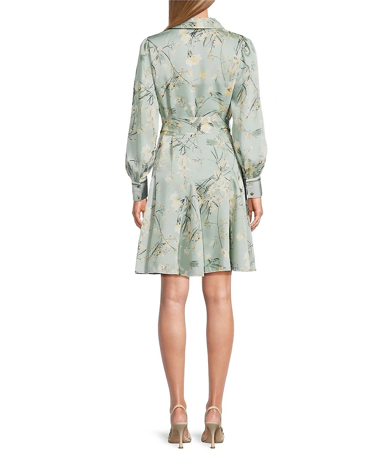 Anne Klein Petite Size Floral Print Belted Point Collar Neckline Long Sleeve Godet Skirt Mini Shirt Dress