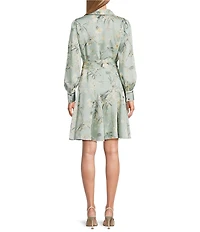 Anne Klein Petite Size Floral Print Belted Point Collar Neckline Long Sleeve Godet Skirt Mini Shirt Dress