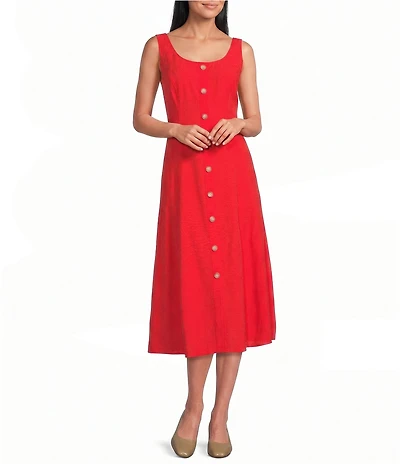 Anne Klein Petite Square Neck Button Front Linen Midi Dress