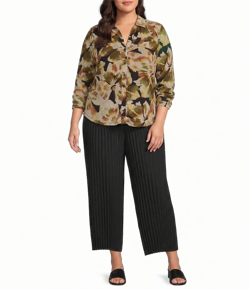 Anne Klein Plus Size 3/4 Sleeve Printed Mesh Button Down Blouse