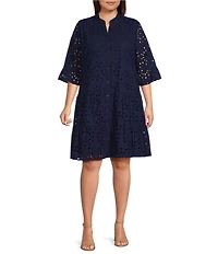 Anne Klein Plus 3/4 Sleeve Eyelet Shirt Dress