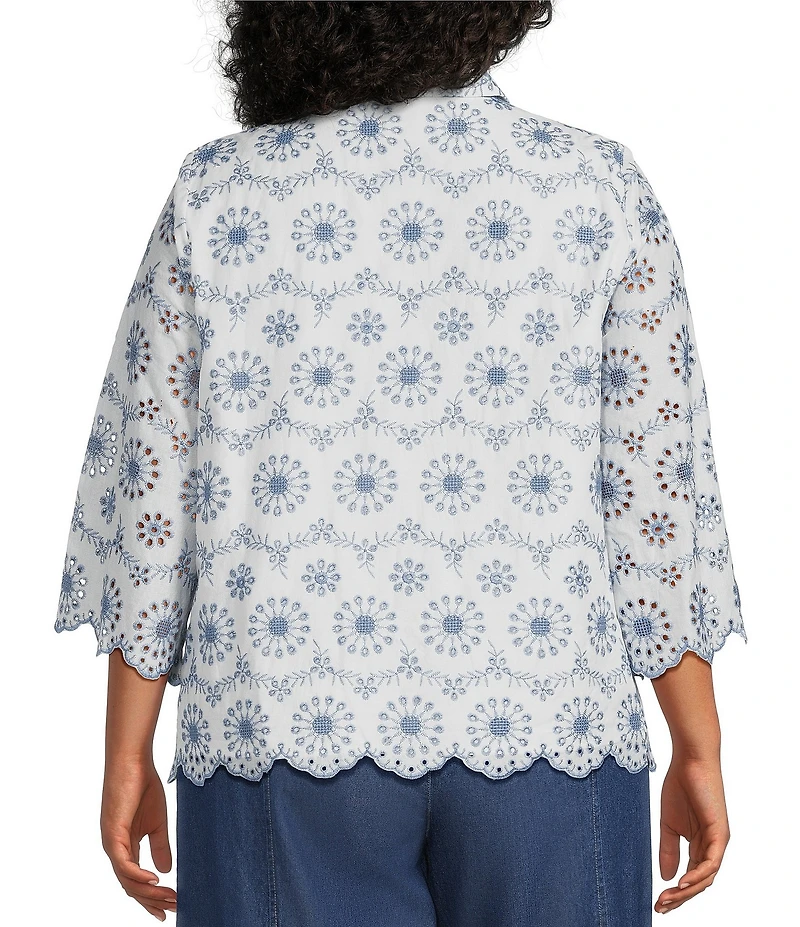 Anne Klein Plus Embroidered Floral Linen Scalloped Hem Shirt