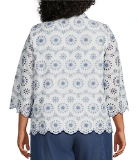 Anne Klein Plus Embroidered Floral Linen Scalloped Hem Shirt