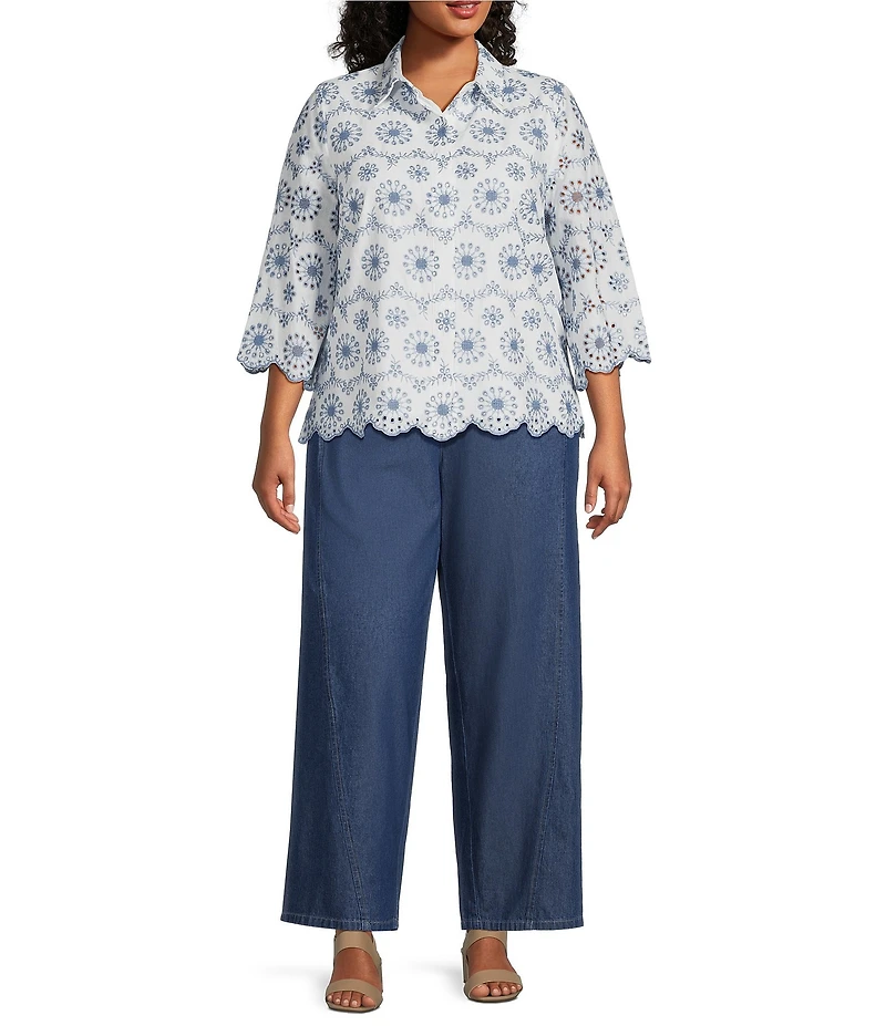 Anne Klein Plus Embroidered Floral Linen Scalloped Hem Shirt