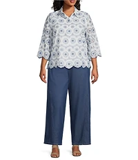 Anne Klein Plus Embroidered Floral Linen Scalloped Hem Shirt