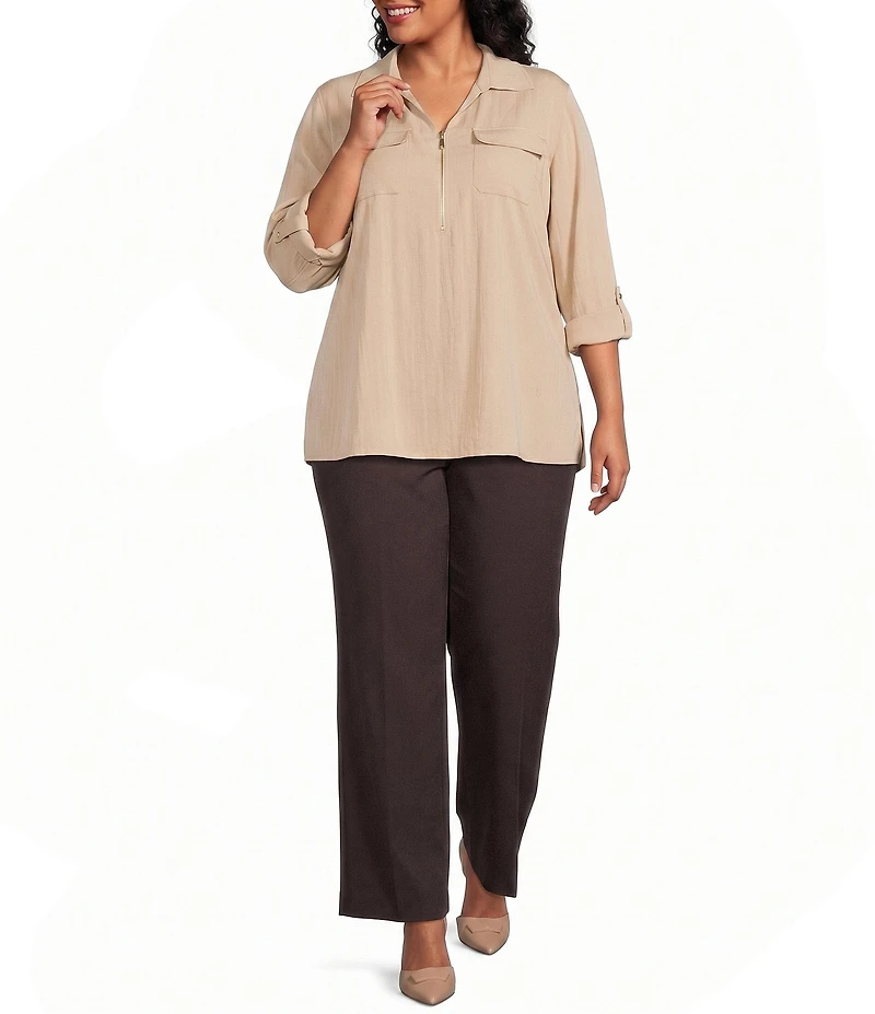 Anne Klein Plus Size Half Zip Roll Sleeve Twill Top