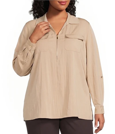 Anne Klein Plus Size Half Zip Roll Sleeve Twill Top