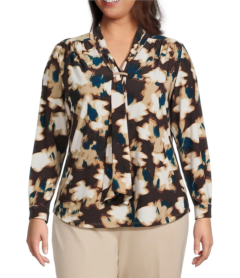 Anne Klein Plus Long Sleeve Printed Knit Blouse With Tie Neck