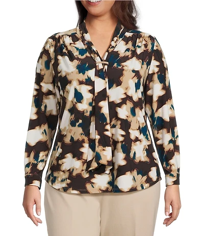 Anne Klein Plus Long Sleeve Printed Knit Blouse With Tie Neck