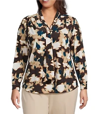 Anne Klein Plus Long Sleeve Printed Knit Blouse With Tie Neck