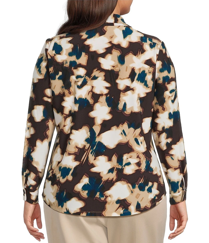 Anne Klein Plus Long Sleeve Printed Knit Blouse With Tie Neck