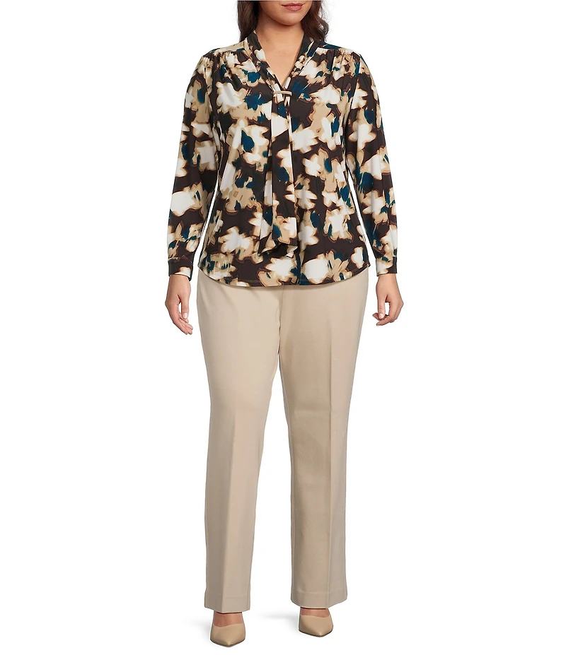 Anne Klein Plus Long Sleeve Printed Knit Blouse With Tie Neck
