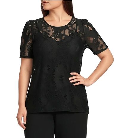 Anne Klein Plus Size Blossom Lace Crew Neck Short Sleeve T-Shirt
