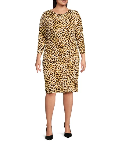 Anne Klein Plus Size Boat Neck Elbow Sleeve Animal Print Ruched Sheath Knit Jersey Midi Dress