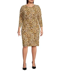 Anne Klein Plus Size Boat Neck Elbow Sleeve Animal Print Ruched Sheath Knit Jersey Midi Dress