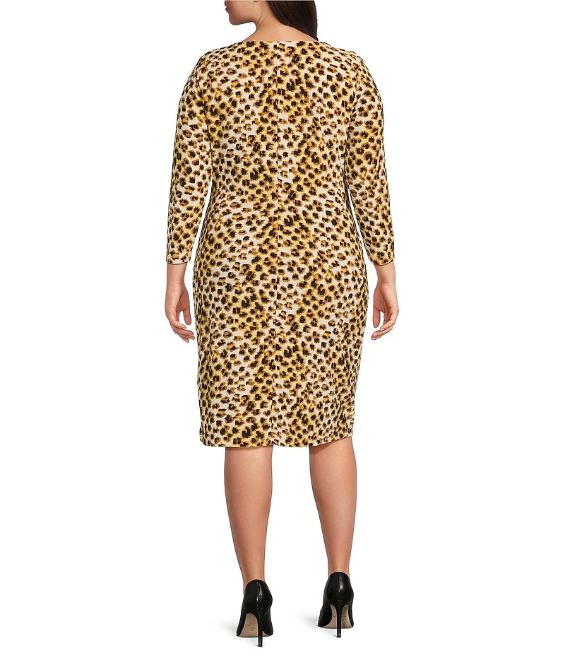 Anne Klein Plus Size Boat Neck Elbow Sleeve Animal Print Ruched Sheath Knit Jersey Midi Dress