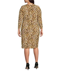 Anne Klein Plus Size Boat Neck Elbow Sleeve Animal Print Ruched Sheath Knit Jersey Midi Dress