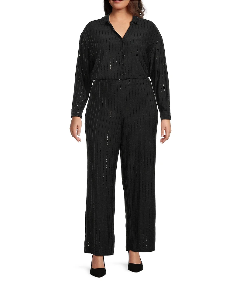 Anne Klein Plus Size Coordinating Pull On Wide Leg Pinstripe Shine Pants