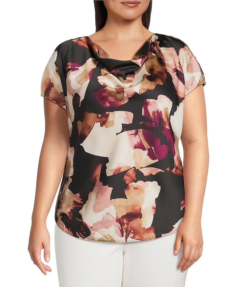 Anne Klein Plus Size Cowl Neck Short Sleeve Printed Satin Blouse