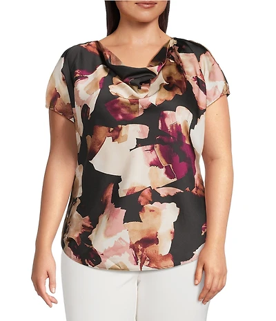 Anne Klein Plus Size Cowl Neck Short Sleeve Printed Satin Blouse