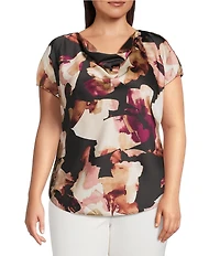 Anne Klein Plus Size Cowl Neck Short Sleeve Printed Satin Blouse