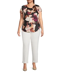 Anne Klein Plus Size Cowl Neck Short Sleeve Printed Satin Blouse