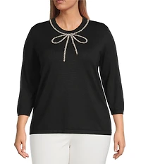 Anne Klein Plus Size Crew Neck 3/4 Sleeve Embellished Bow Knit Top