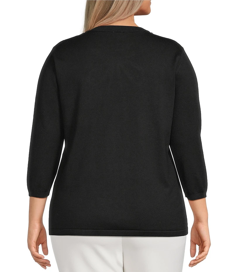 Anne Klein Plus Size Crew Neck 3/4 Sleeve Embellished Bow Knit Top