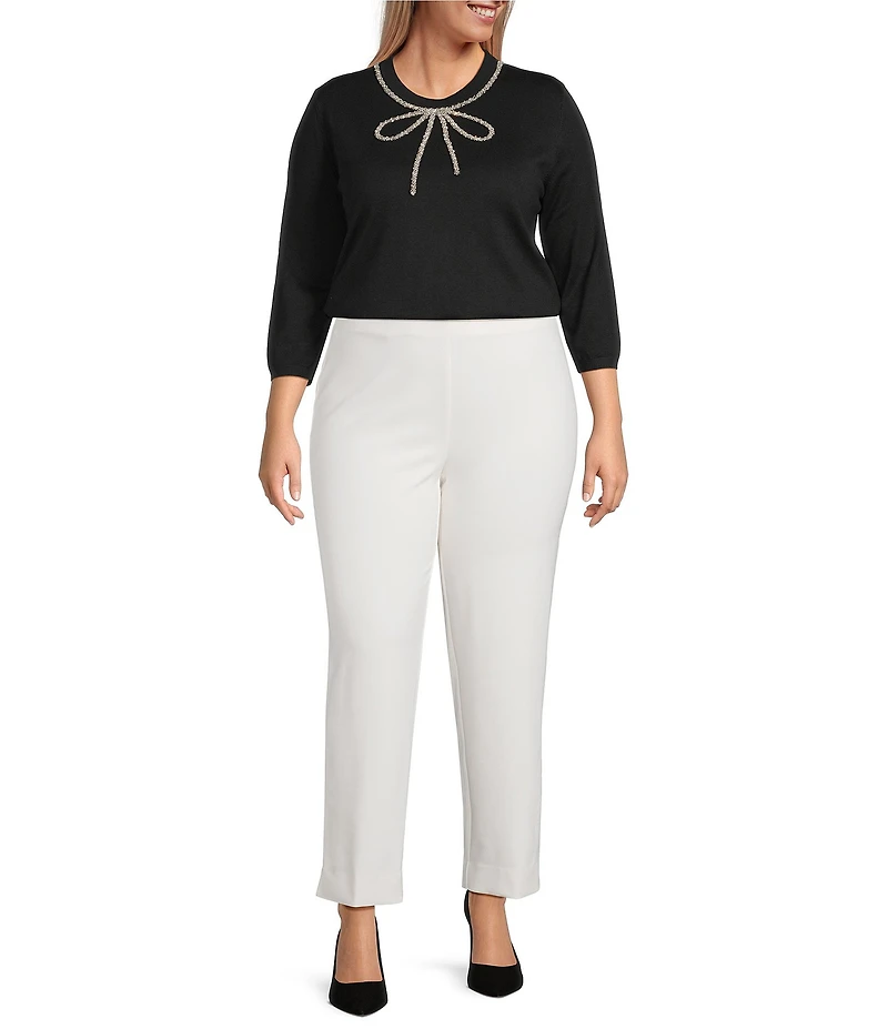 Anne Klein Plus Size Crew Neck 3/4 Sleeve Embellished Bow Knit Top