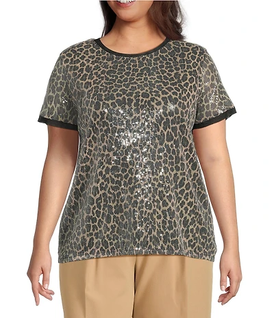 Anne Klein Plus Size Crew Neck Short Sleeve Animal Sequined Mesh T-Shirt