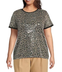 Anne Klein Plus Size Crew Neck Short Sleeve Animal Sequined Mesh T-Shirt