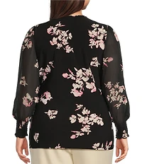 Anne Klein Plus Size Floral Long Sleeve V-Neck Faux Wrap Top