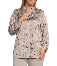 Anne Klein Plus Size Floral Print V-Neck Long Sleeve Blouse