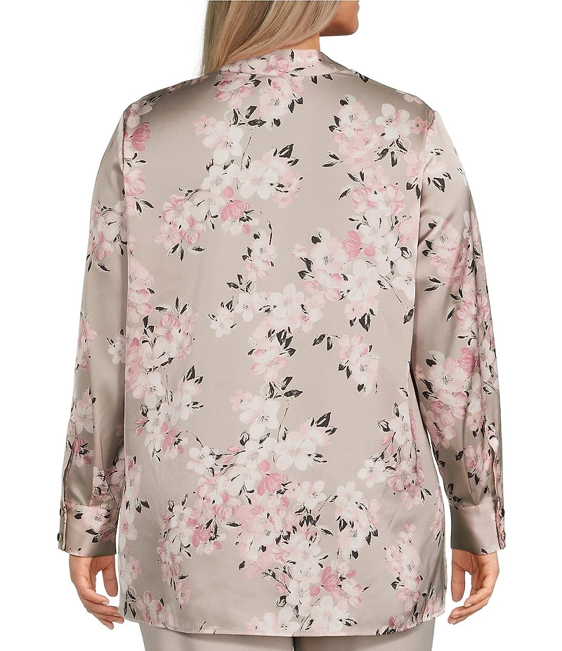 Anne Klein Plus Size Floral Print V-Neck Long Sleeve Blouse