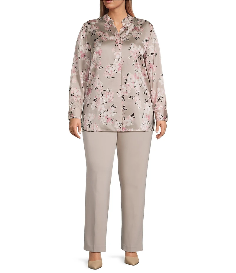 Anne Klein Plus Size Floral Print V-Neck Long Sleeve Blouse