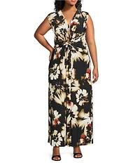 Anne Klein Plus Size Floral V-Neck Sleeveless Knot Front Maxi Dress