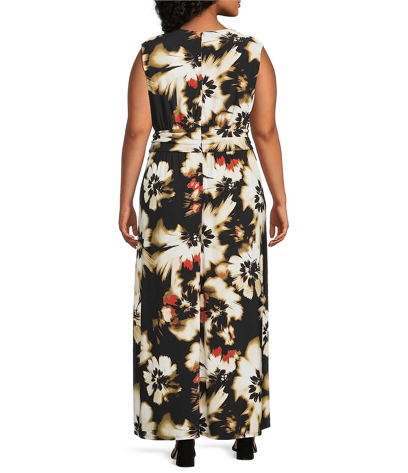 Anne Klein Plus Size Floral V-Neck Sleeveless Knot Front Maxi Dress