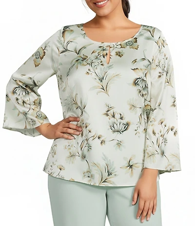 Anne Klein Plus Size Keyhole Floral Printed Flat Satin Blouse With Long Sleeves