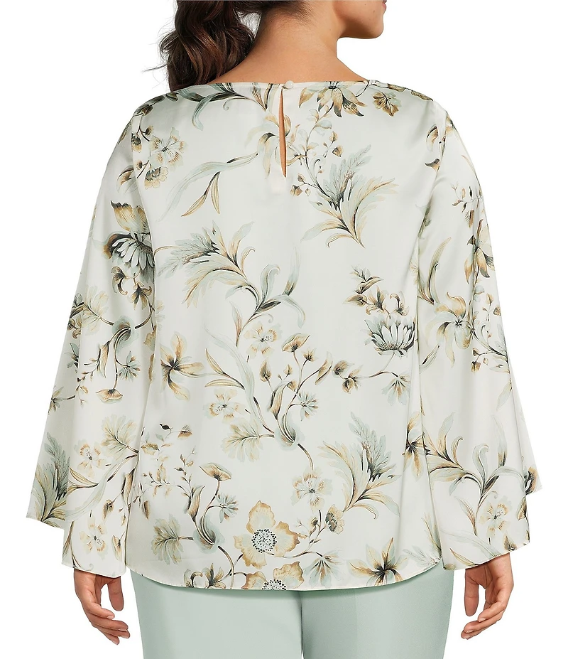 Anne Klein Plus Size Keyhole Floral Printed Flat Satin Blouse With Long Sleeves