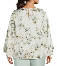 Anne Klein Plus Size Keyhole Floral Printed Flat Satin Blouse With Long Sleeves