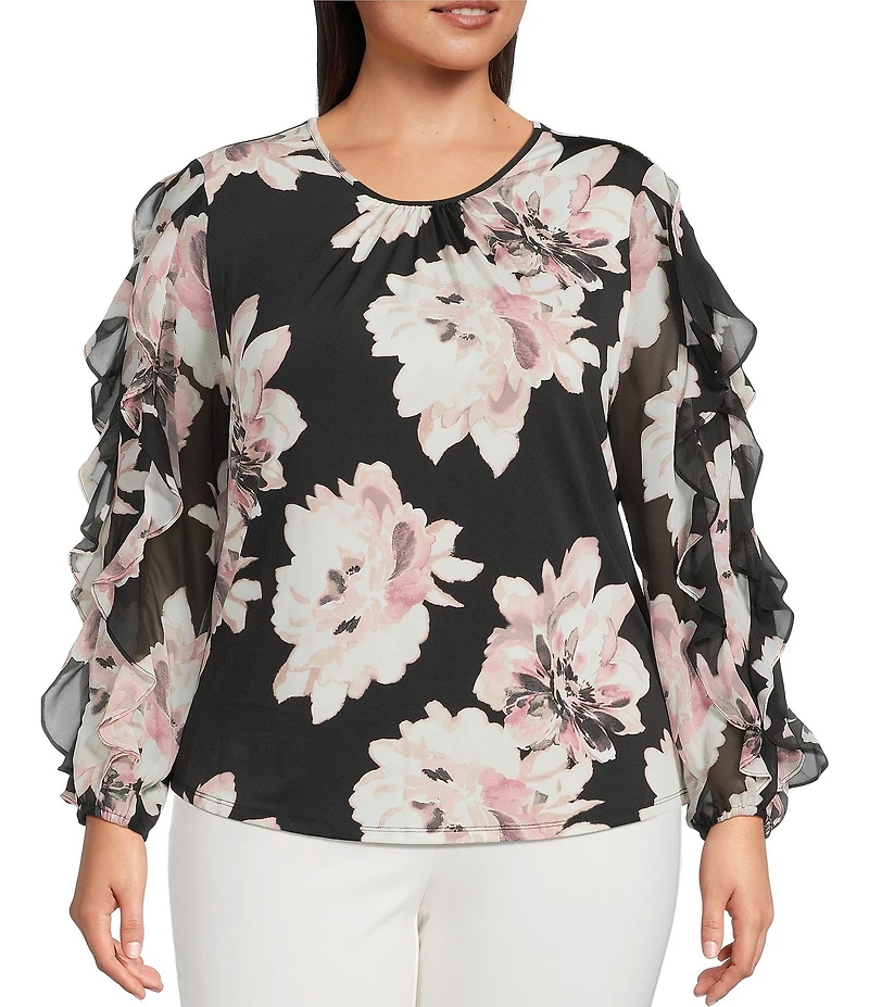 Anne Klein Plus Size Long Sleeve Floral Print Chiffon Blouse