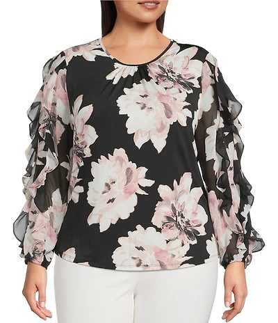 Anne Klein Plus Size Long Sleeve Floral Print Chiffon Blouse